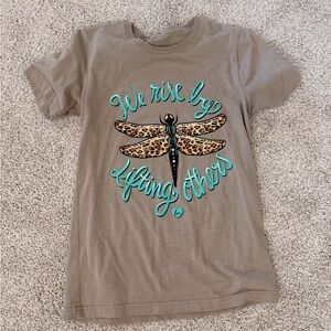 Woman’s Brown Dragonfly Graphic Tee with Teal Script